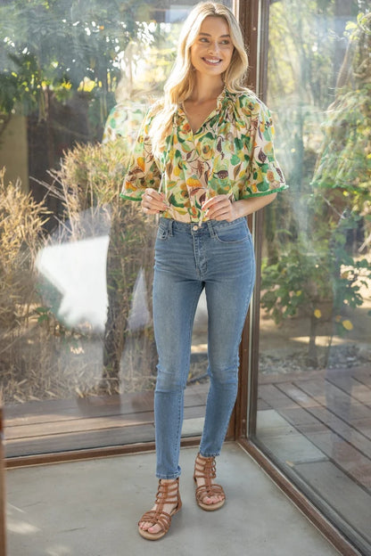 Fringe Detailed Loose Sleeve Floral Print Top Green Yellow 35203