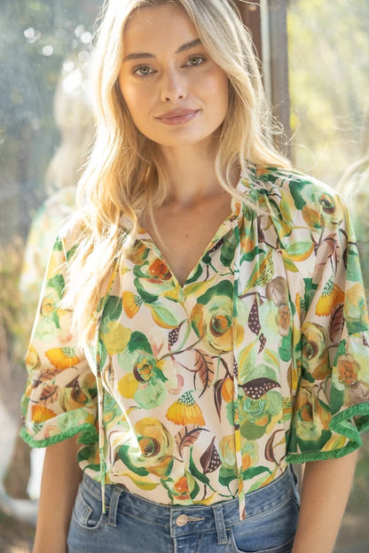 Fringe Detailed Loose Sleeve Floral Print Top Green Yellow 35203