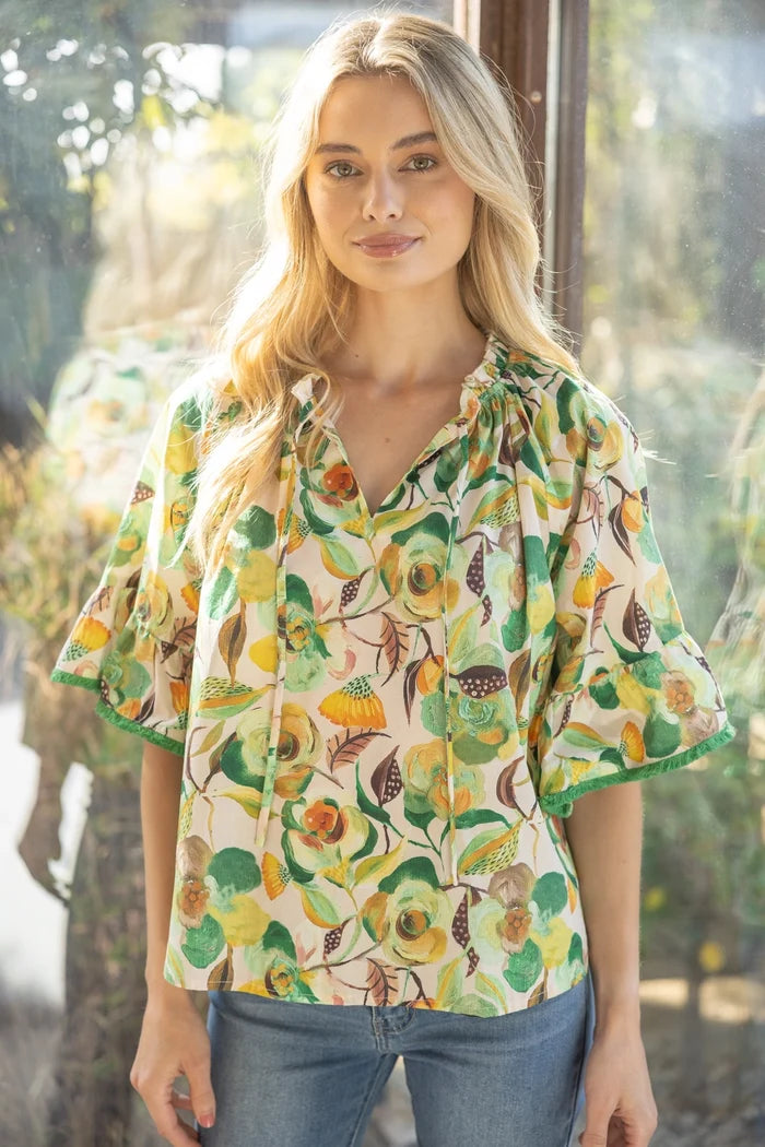 Fringe Detailed Loose Sleeve Floral Print Top Green Yellow 35203