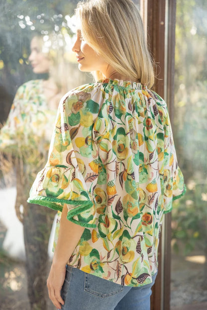 Fringe Detailed Loose Sleeve Floral Print Top Green Yellow 35203