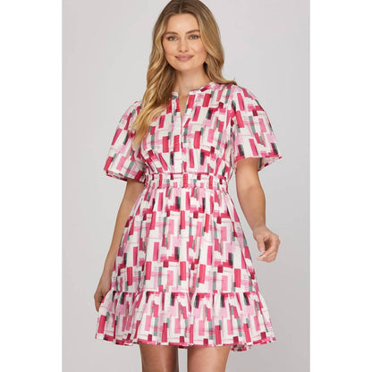 Geometric Retro Design Alice Dress in Pink Elastic Waist
