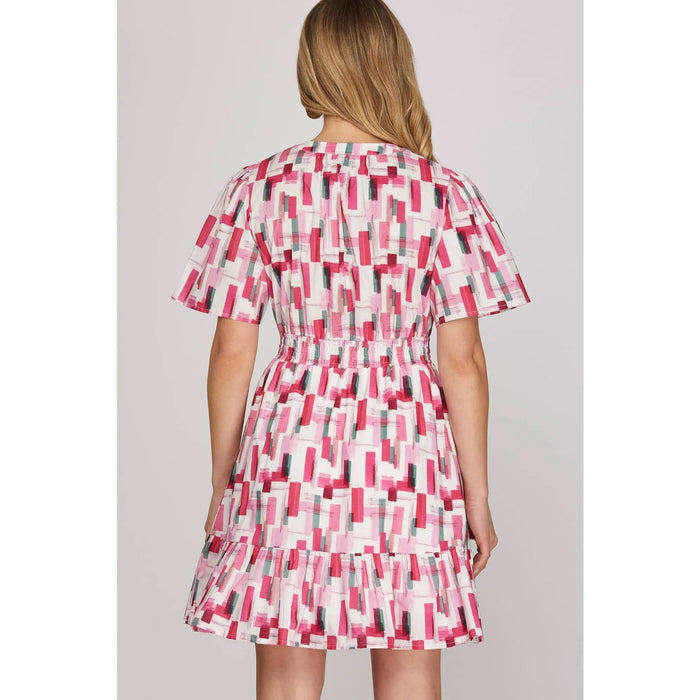 Geometric Retro Design Alice Dress in Pink Elastic Waist