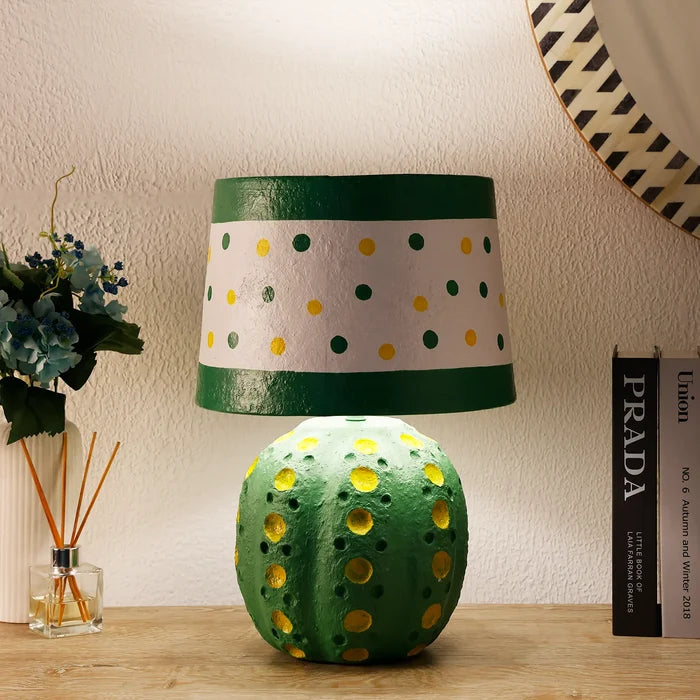Green Polka Dot Table Lamp – Handcrafted Paper Mache Accent Lamp