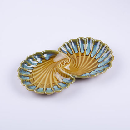 Handmade Decorative Ceramic Platter For Serving & Decor - Dual Shell Green