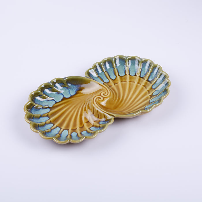 Handmade Decorative Ceramic Platter For Serving & Decor - Dual Shell Green