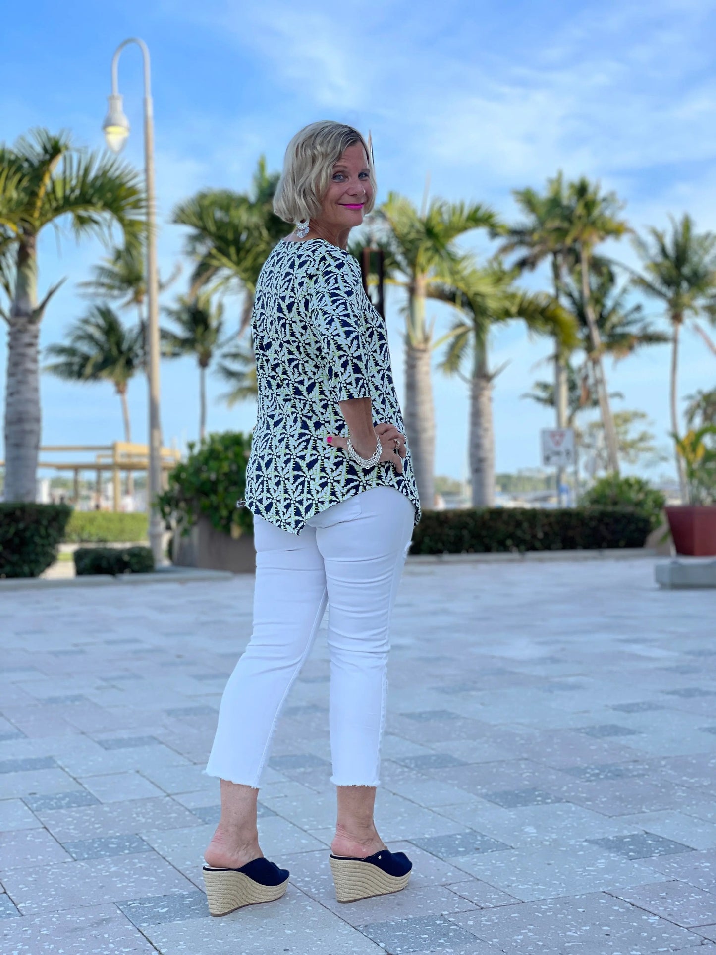 GREEN AND NAVY PALM ASYMMETRIC TOP