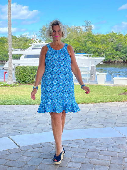 BAHAMA BLUE TURTLE HALTER  RUFFLE DRESS