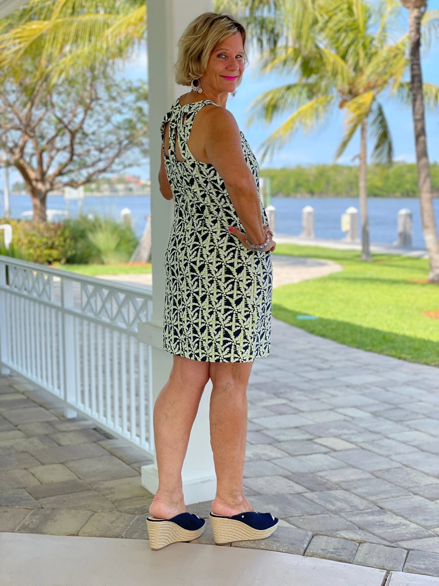 GREEN AND NAVY PALM HALTER DRESS