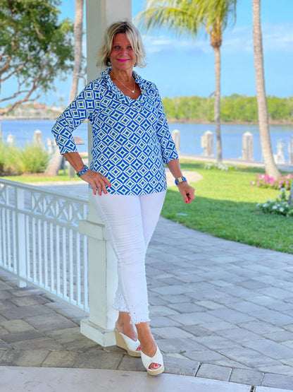AQUA DIAMONDS  RUFFLE TOP
