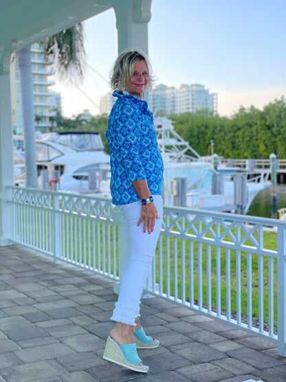 BAHAMA BLUE RUFFLE TOP