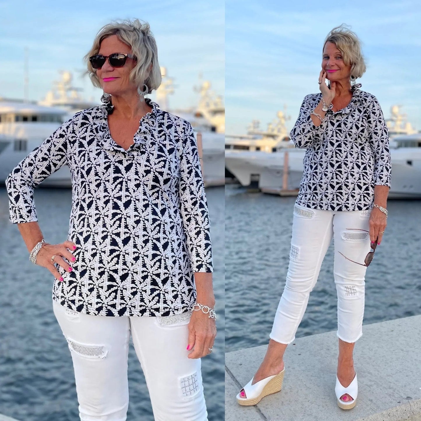 BLACK AND BEIGE 3/25 RUFFLE TOP