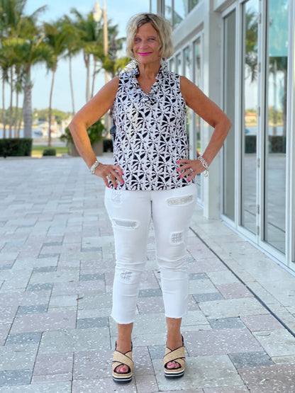 BLACK AND BEIGE SLEEVELESS RUFFLE
