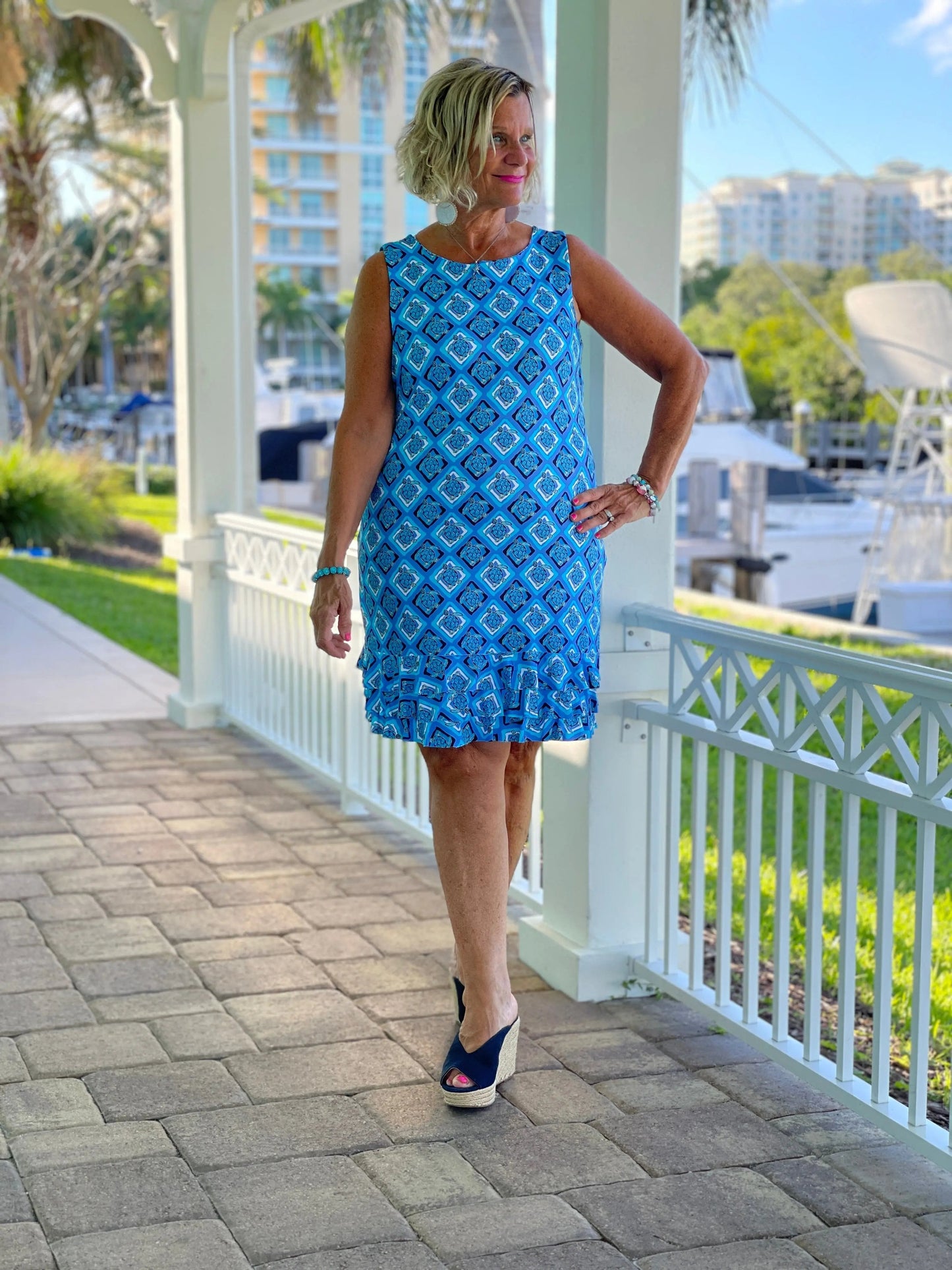 BAHAMA BLUE SHIFT RUFFLE DRESS
