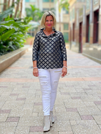LULU-B BLACK SILVER LEME RUFFLE TOP