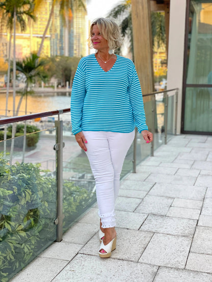 AQUA STRIPE V NECK SWEATER