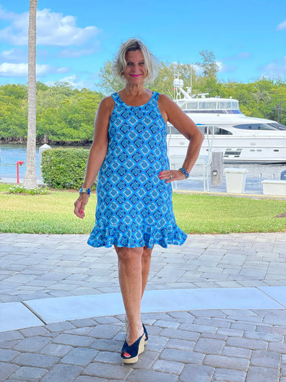 BAHAMA BLUE TURTLE HALTER  RUFFLE DRESS