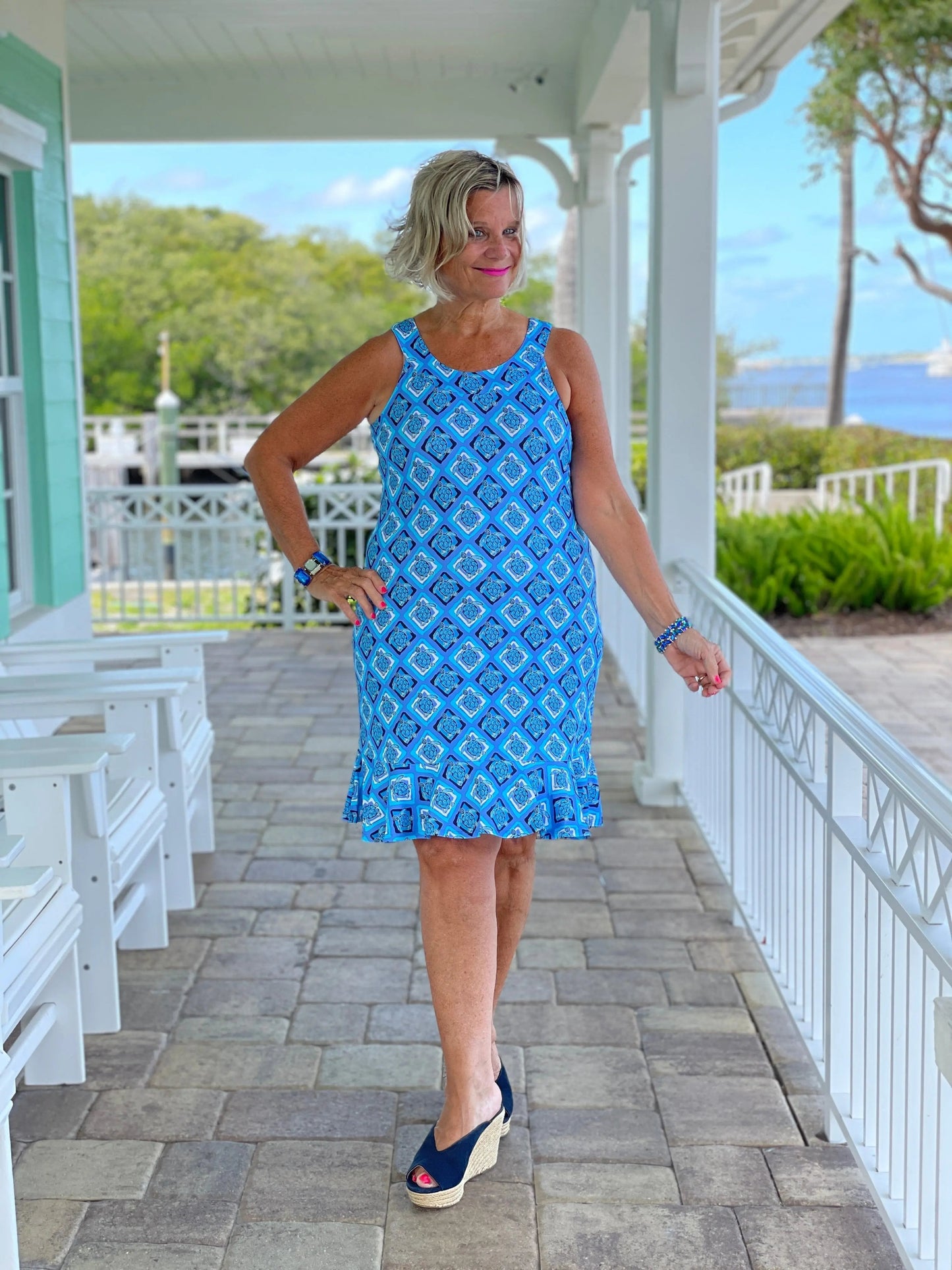 BAHAMA BLUE TURTLE HALTER  RUFFLE DRESS