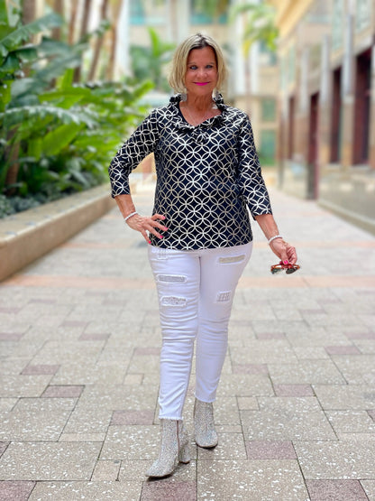 LULU-B BLACK SILVER LEME RUFFLE TOP