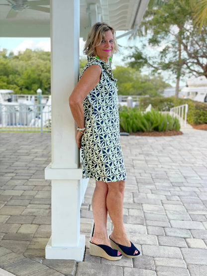 GREEN AND NAVY SLEEVELESS RUFFLE DRESS
