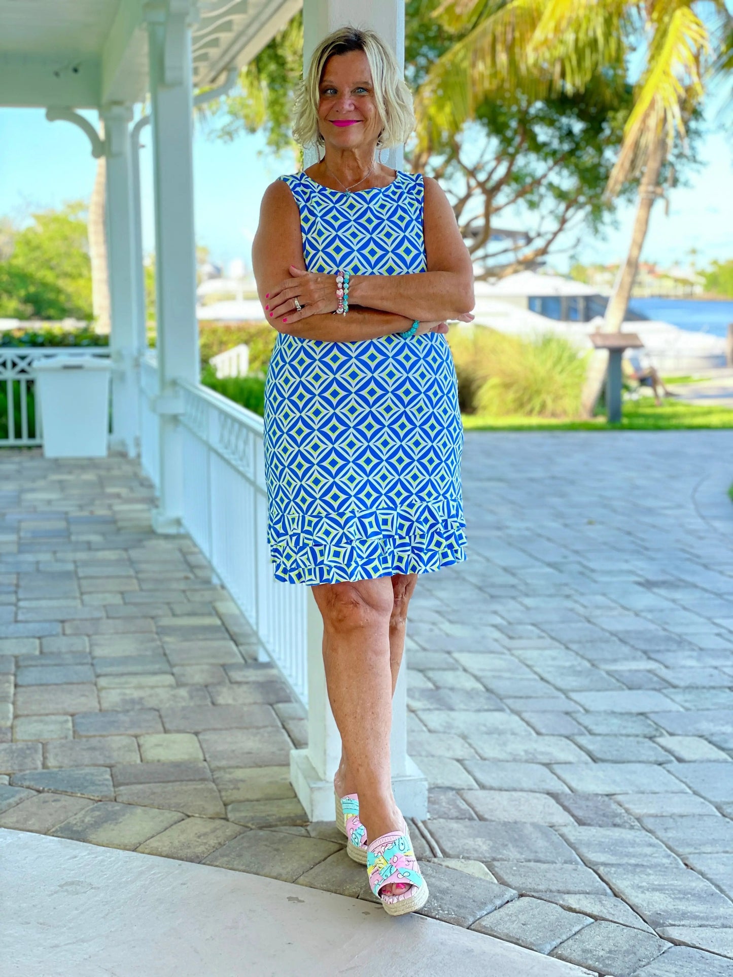 AQUA DIAMONDS SHIFT RUFFLE DRESS