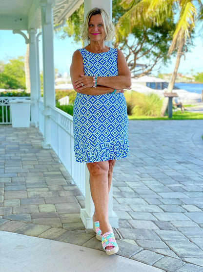 AQUA DIAMONDS SHIFT RUFFLE DRESS