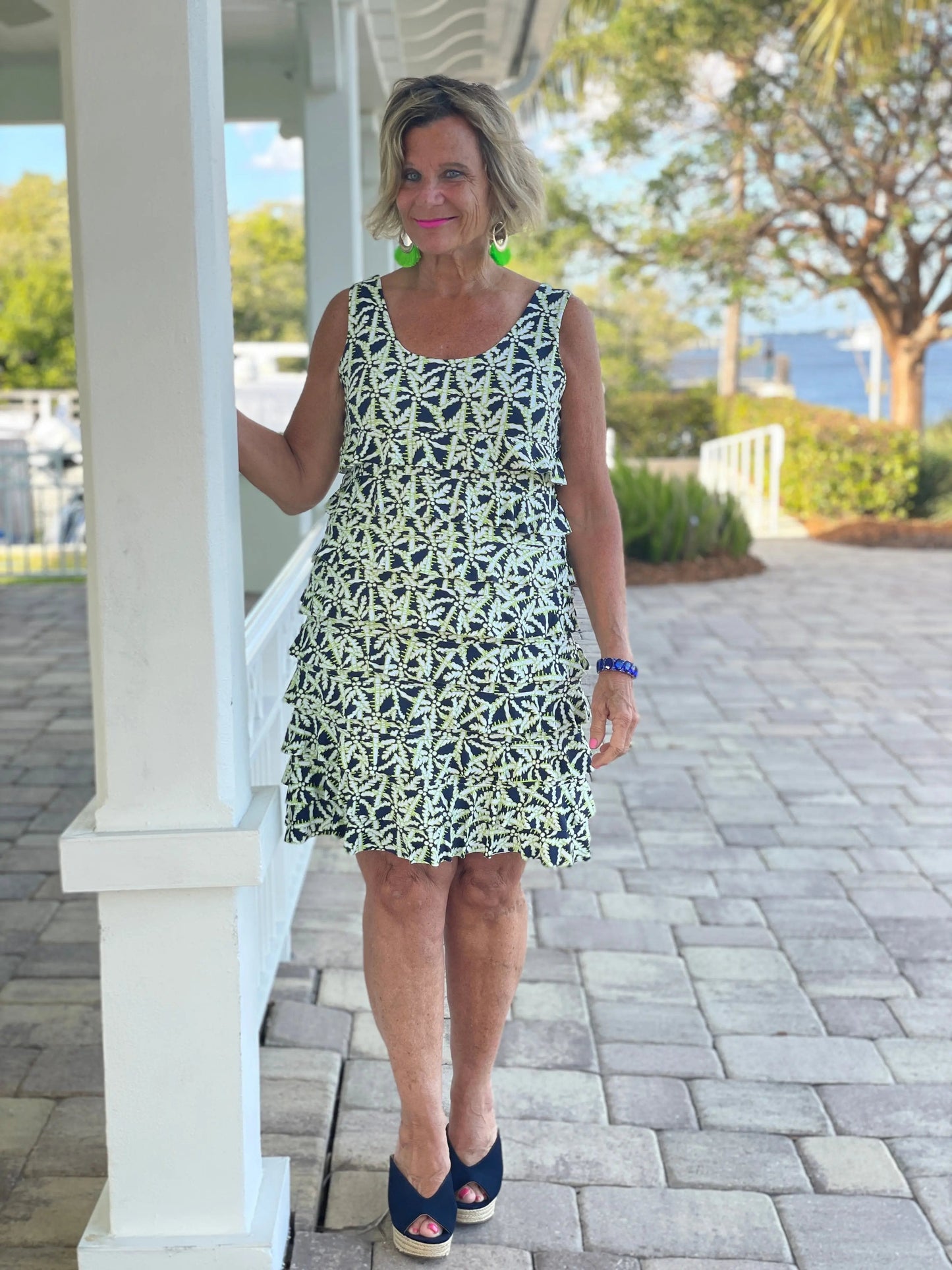 GREEN AND NAVY PALM LAYERED RUFFLE DRESS