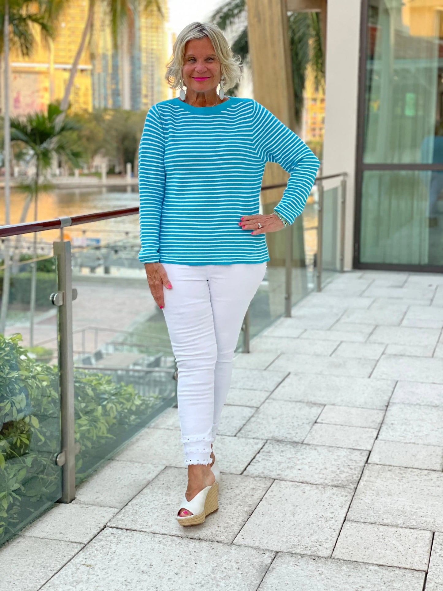 AQUA STRIPE BOATNECK TOP