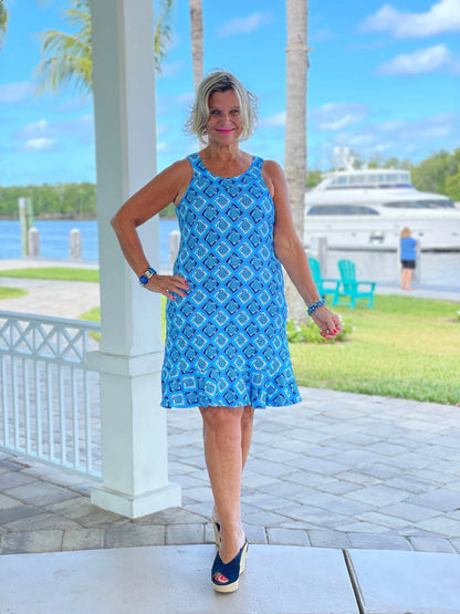 BAHAMA BLUE TURTLE HALTER  RUFFLE DRESS