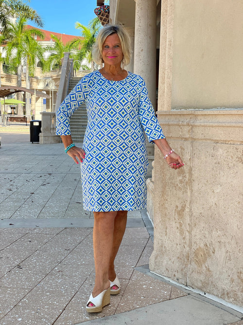 AQUA DIAMONDS SLEEVE DRESS