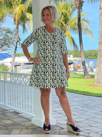 GREEN NAVY PALM ELBOW SLEEVE DRESS