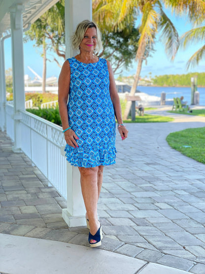 BAHAMA BLUE SHIFT RUFFLE DRESS