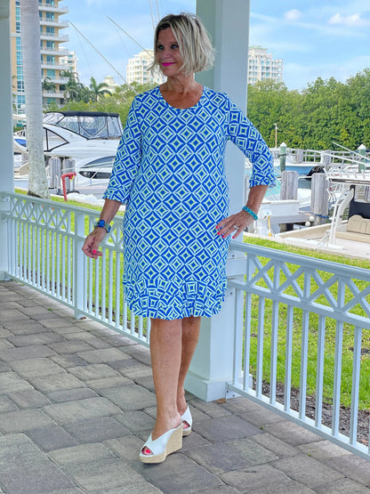 AQUA DIAMOND RUFFLE SLEEVE DRESS