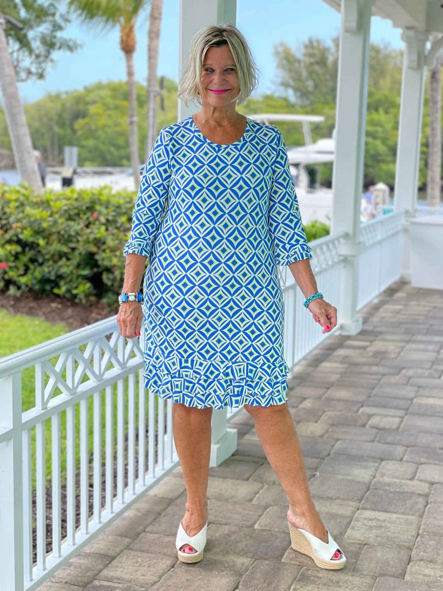 AQUA DIAMOND RUFFLE SLEEVE DRESS