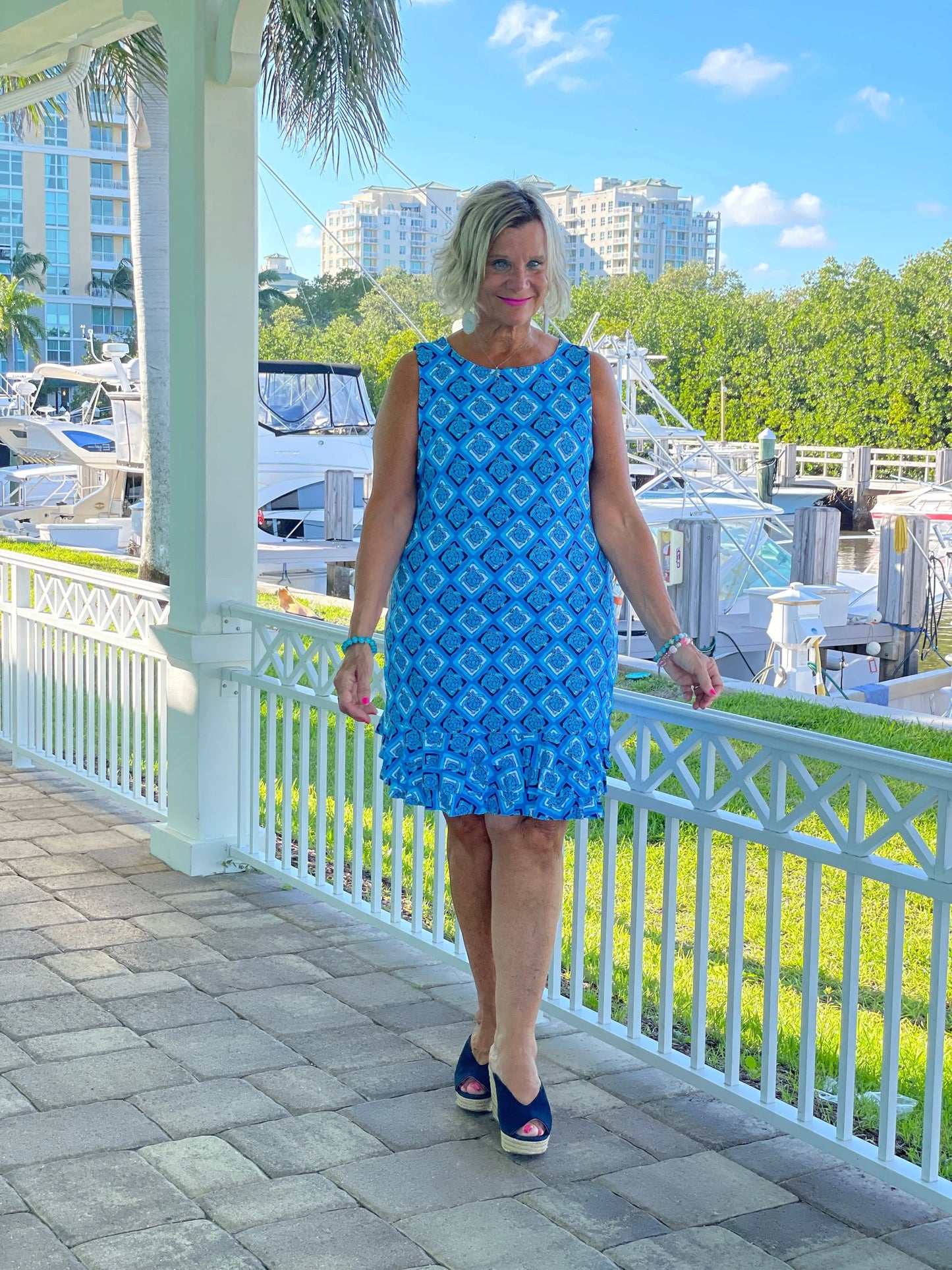 BAHAMA BLUE SHIFT RUFFLE DRESS