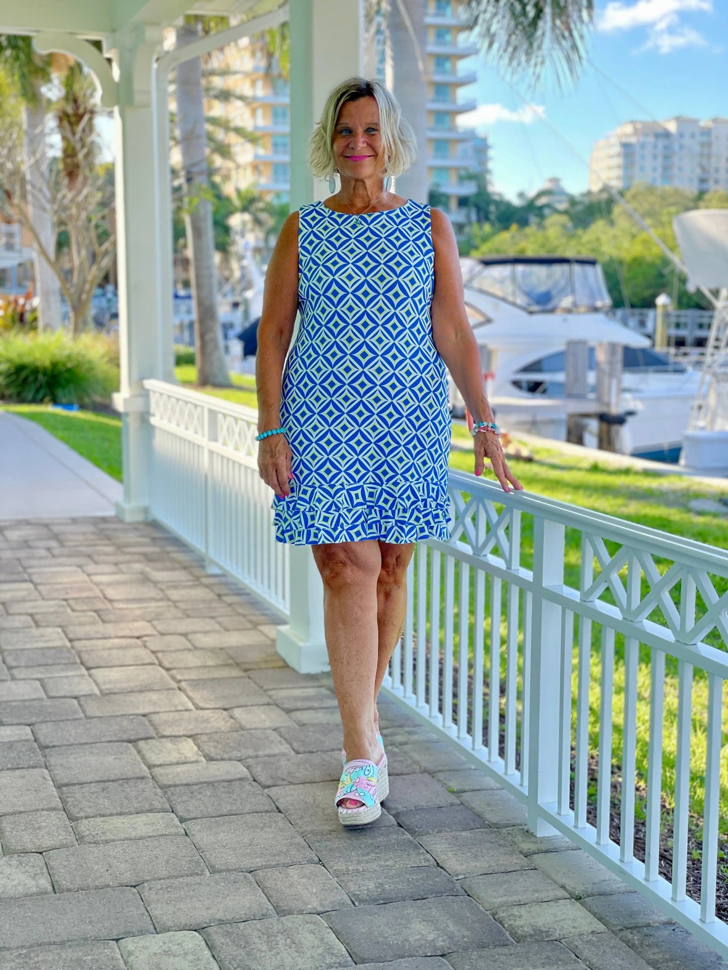 AQUA DIAMONDS SHIFT RUFFLE DRESS