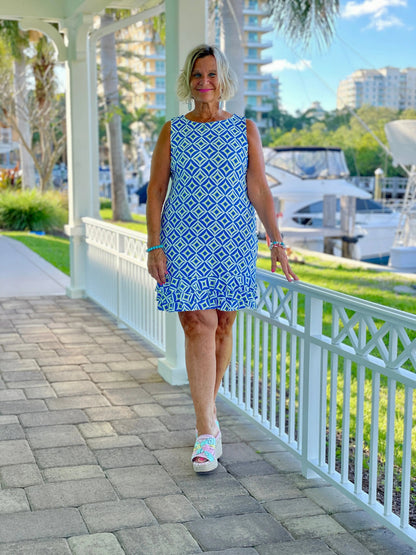 AQUA DIAMONDS SHIFT RUFFLE DRESS