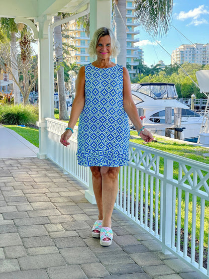 AQUA DIAMONDS SHIFT RUFFLE DRESS