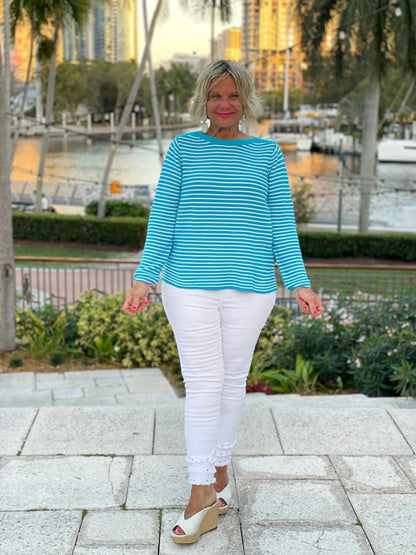 AQUA STRIPE BOATNECK TOP