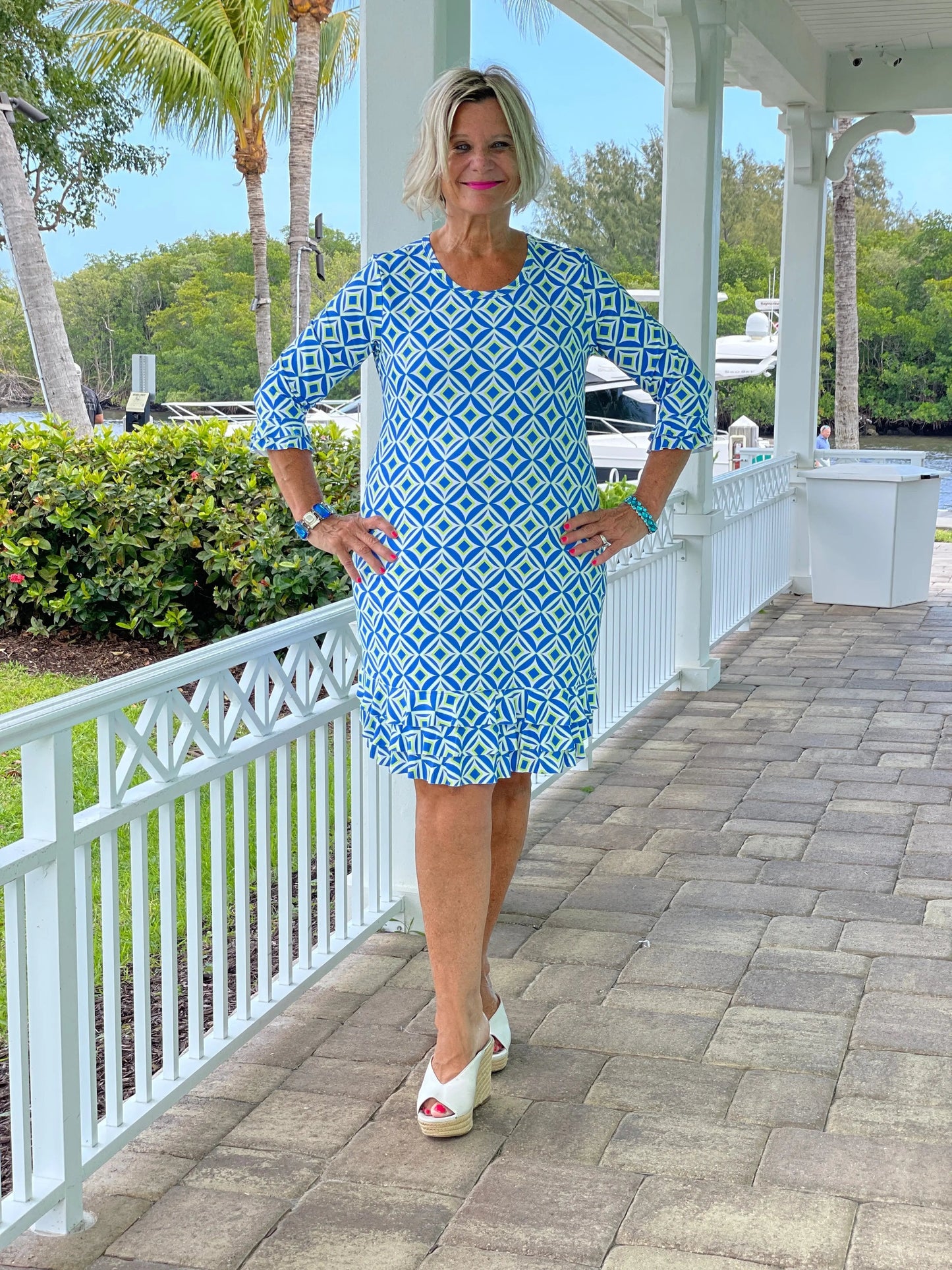AQUA DIAMOND RUFFLE SLEEVE DRESS