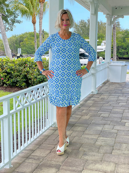 AQUA DIAMOND RUFFLE SLEEVE DRESS