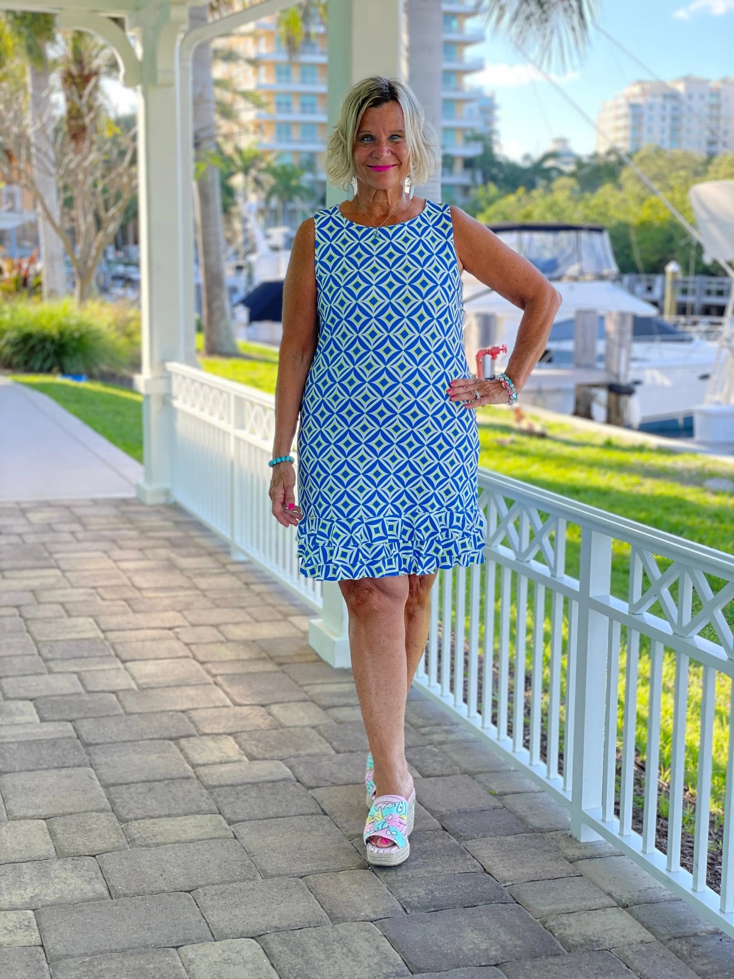 AQUA DIAMONDS SHIFT RUFFLE DRESS