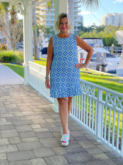 AQUA DIAMONDS SHIFT RUFFLE DRESS