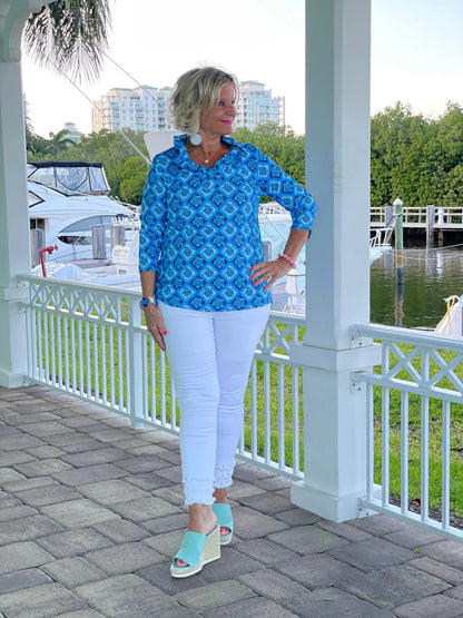 BAHAMA BLUE RUFFLE TOP