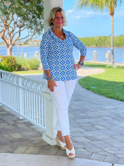AQUA DIAMONDS  RUFFLE TOP