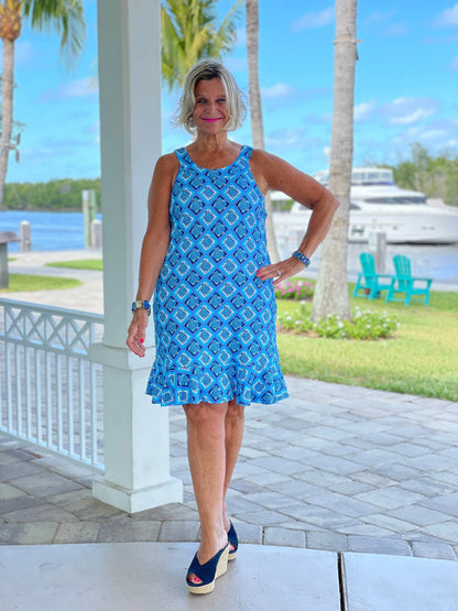 BAHAMA BLUE TURTLE HALTER  RUFFLE DRESS
