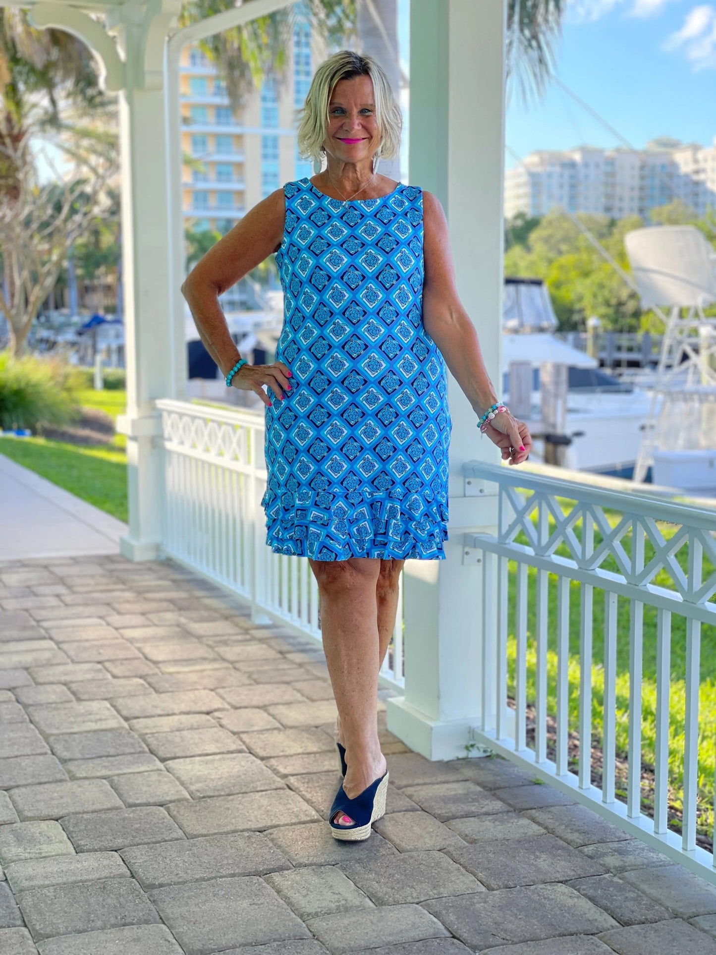 BAHAMA BLUE SHIFT RUFFLE DRESS