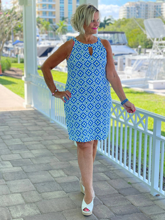AQUA DIAMONDS KEYHOLE DRESS