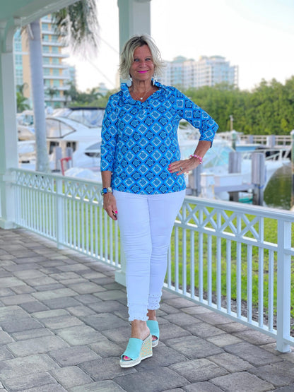 BAHAMA BLUE RUFFLE TOP