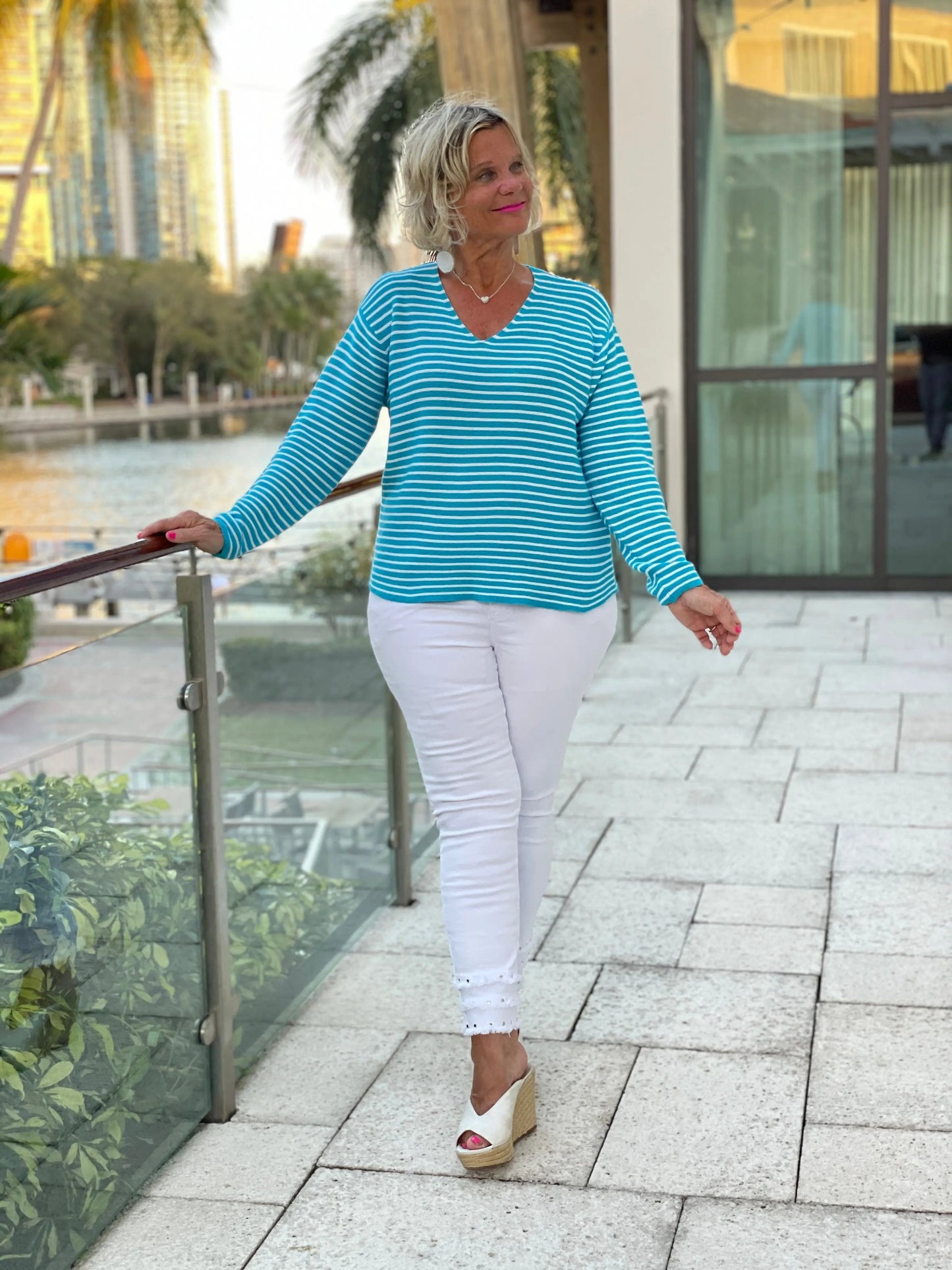 AQUA STRIPE V NECK SWEATER