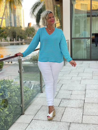 AQUA STRIPE V NECK SWEATER